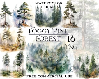 Imágenes prediseñadas de bosque de pinos brumoso, paquete de imágenes PNG de bosques de acuarela, arte de paisaje brumoso, ilustración digital de paisajes de verano, uso comercial gratuito