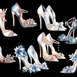 May include: A collection of nine high-heeled shoes with various embellishments, including flowers, crystals, and jewels. The shoes are in shades of blue, white, and pink.
