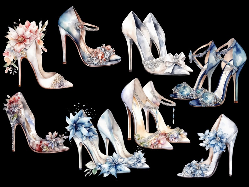 May include: A collection of nine high-heeled shoes with various embellishments, including flowers, crystals, and jewels. The shoes are in shades of blue, white, and pink.