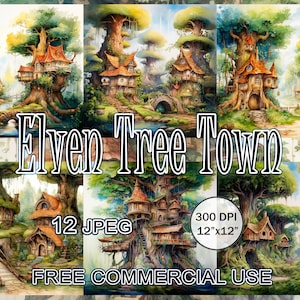 Elven tree town clipart, Watercolor tree house clipart, Fairy house clipart, Fantasy cottagecore clipart, Fairytale landscape clipart