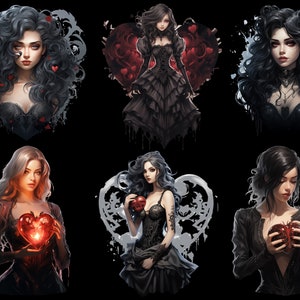 May include: Six digital illustrations of women with dark hair and black clothing. Each woman is holding a red heart, some with a broken heart, and some with a whole heart. The background is black with a white heart shape behind each woman.
