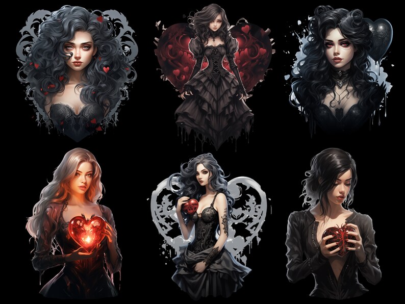 May include: Six digital illustrations of women with dark hair and black clothing. Each woman is holding a red heart, some with a broken heart, and some with a whole heart. The background is black with a white heart shape behind each woman.
