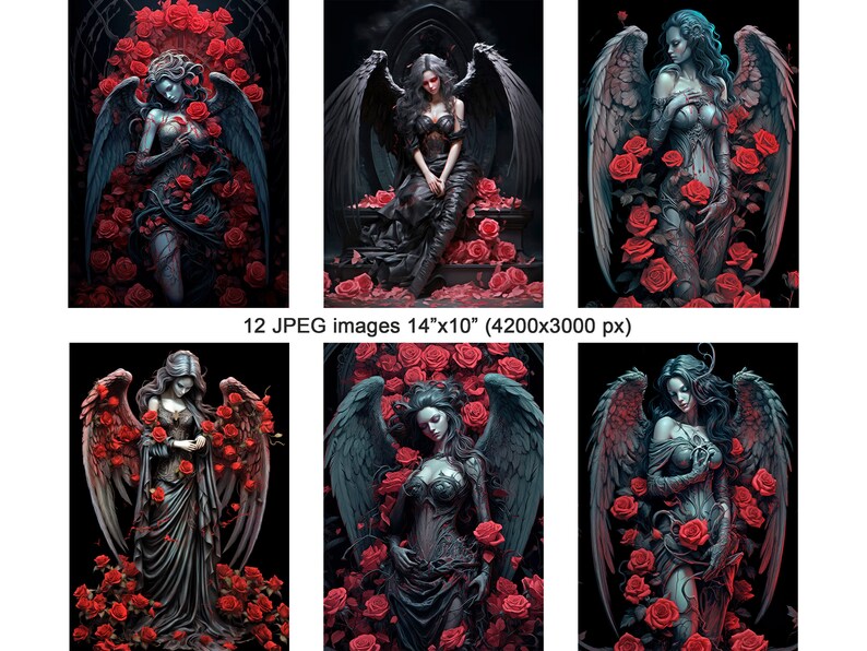 Angels With Roses Detailed Design Dark Angel in Roses Clipart, Red Roses Angels Printable Artwork, High ...