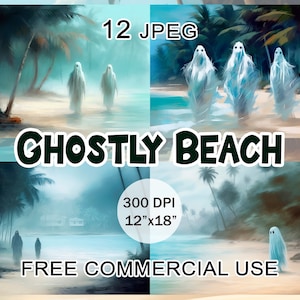 Ghostly beach clipart, Tropical Misty landscape images, Scary gost seaside Halloween bundle, Coastal horror artwork, Free commercial use