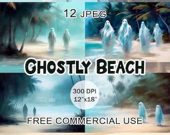 Ghostly beach clipart, Tropical Misty landscape images, Scary gost seaside Halloween bundle, Coastal horror artwork, Free commercial use