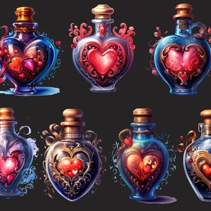May include: Eight heart-shaped glass bottles with gold accents and red hearts inside. The bottles are filled with a red liquid and have a variety of decorative details.