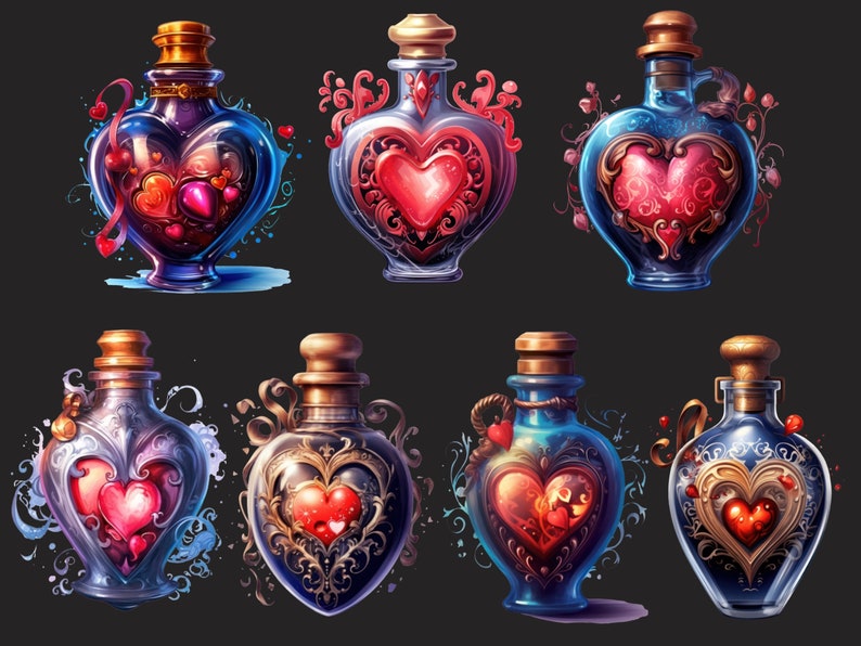 May include: Eight heart-shaped glass bottles with gold accents and red hearts inside. The bottles are filled with a red liquid and have a variety of decorative details.