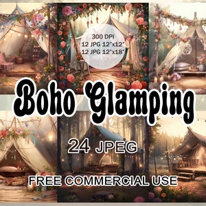Boho glamping clipart, bosvakantie en reiskamp landschap jpg-afbeeldingen voor collage, plakboek, junk journal enz., gratis commercieel gebruik