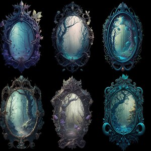 Puede incluir: Seis marcos ovalados ornamentados con un acabado azul oscuro, verde y dorado. Cada marco contiene una pintura de una escena de bosque brumoso con un camino que conduce hacia el bosque.