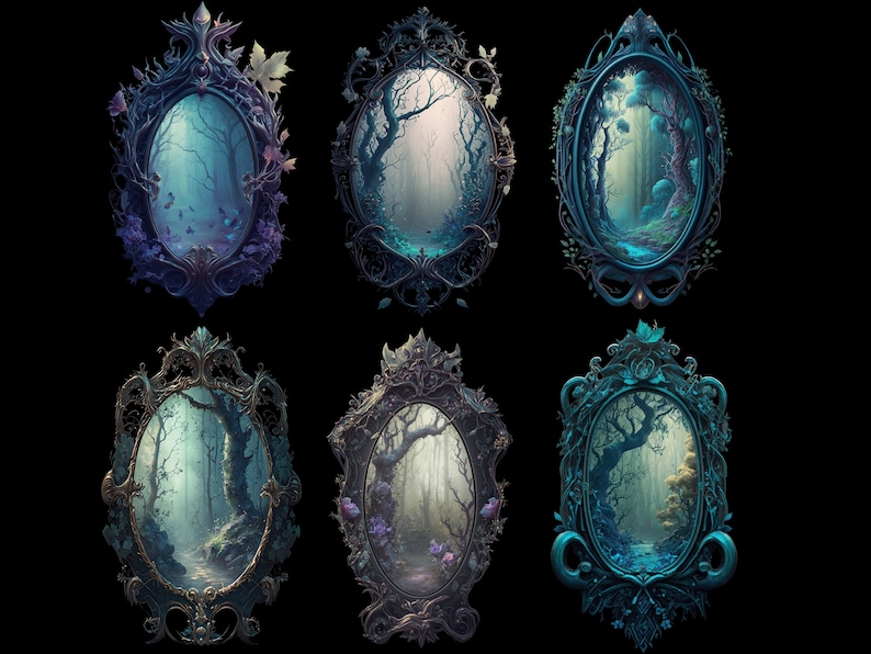 Puede incluir: Seis marcos ovalados ornamentados con un acabado azul oscuro, verde y dorado. Cada marco contiene una pintura de una escena de bosque brumoso con un camino que conduce hacia el bosque.
