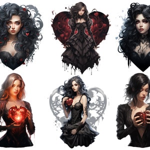 May include: Six digital illustrations of women with dark hair and black clothing. Each woman is holding a red heart, some with dripping blood. The hearts are surrounded by black and white floral designs.