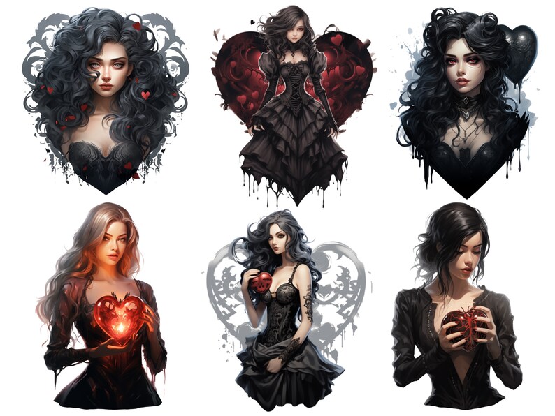 May include: Six digital illustrations of women with dark hair and black clothing. Each woman is holding a red heart, some with dripping blood. The hearts are surrounded by black and white floral designs.