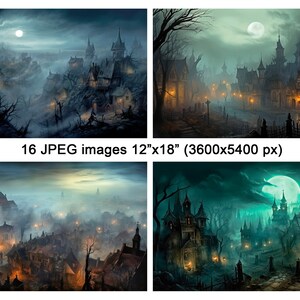 K&ouml;nnte beinhalten: Ein digitales Gem&auml;lde eines nebligen, mittelalterlichen Dorfes bei Nacht. Das Dorf wird von Laternen und dem Mond beleuchtet, der voll und hell ist. Die Geb&auml;ude sind hoch und schmal mit spitzen D&auml;chern. Im Vordergrund und Hintergrund sind B&auml;ume zu sehen, und der Himmel ist dunkelblau.