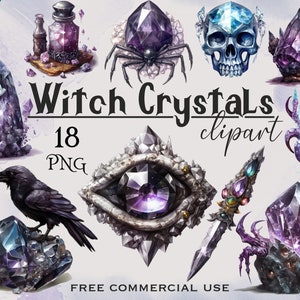 May include: A set of 18 witch crystal clipart images. The images feature various crystals, including purple, blue, and green crystals, with skulls, spiders, ravens, and other magical elements. The text "Witch Crystals clipart" and "18 PNG" is included in the image.