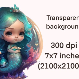 Pu&ograve; includere: Un'illustrazione digitale di una sirena con lunghi capelli blu turchese e una corona. Indossa una coda di sirena blu turchese e argentata e tiene le mani giunte davanti a s&eacute;. &Egrave; circondata da una barriera corallina rosa e viola e da una bolla trasparente. Lo sfondo &egrave; trasparente.