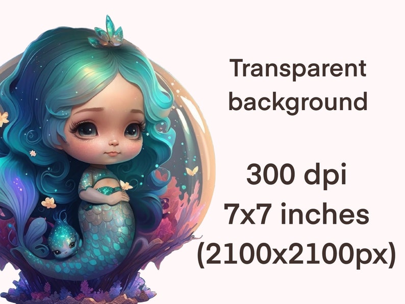 Pu&ograve; includere: Un'illustrazione digitale di una sirena con lunghi capelli blu turchese e una corona. Indossa una coda di sirena blu turchese e argentata e tiene le mani giunte davanti a s&eacute;. &Egrave; circondata da una barriera corallina rosa e viola e da una bolla trasparente. Lo sfondo &egrave; trasparente.