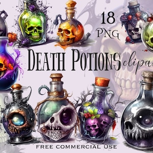 Schwarzweiß-Anhänger, Halloween-Hexe-Schädel-Gift-Flaschen, Hexerei Flasche png bündel, Dunkle Magie Bilder Pack, freie kommerzielle Nutzung