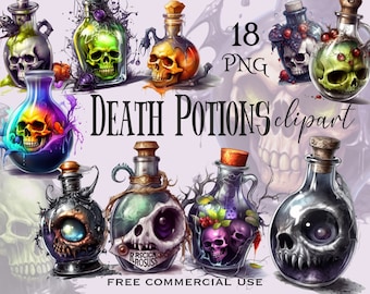 Death potion clipart, Halloween witch skull poison bottles, Witchcraft bottle png bundle, Dark magic images pack, Free commercial use