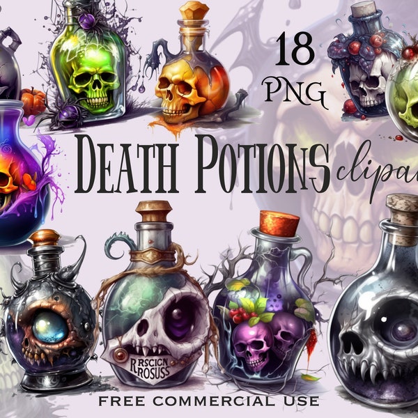 Death potion clipart, Halloween witch skull poison bottles, Witchcraft bottle png bundle, Dark magic images pack, Free commercial use