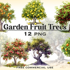 Imágenes prediseñadas de árboles frutales de jardín, paquete de imágenes de plantas de granja, arte campestre de verano y otoño, árboles frutales png con fondo transparente, uso comercial gratuito