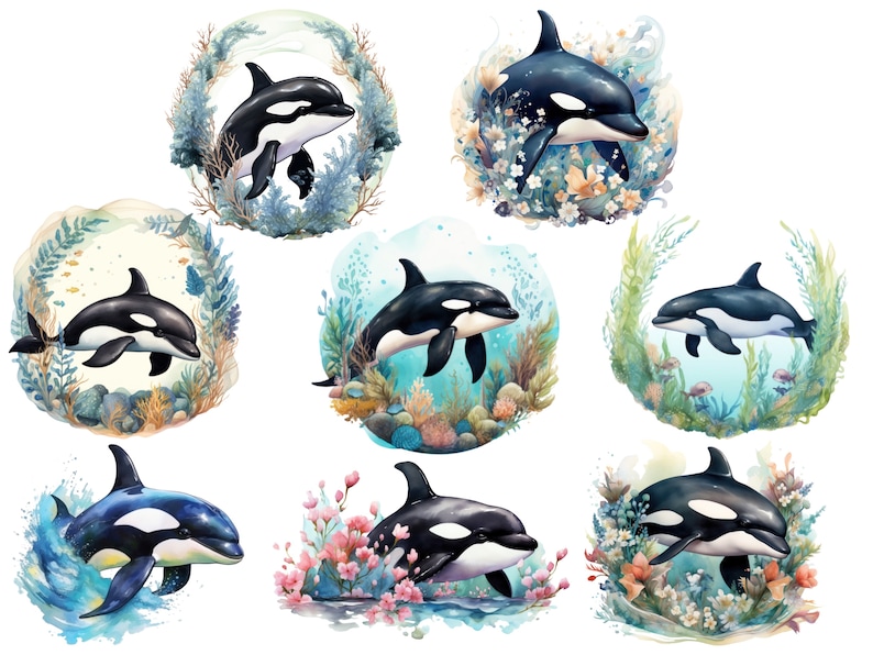 May include: Nine watercolor illustrations of black and white orcas swimming in various underwater scenes. Each orca is surrounded by colorful coral, seaweed, and flowers.