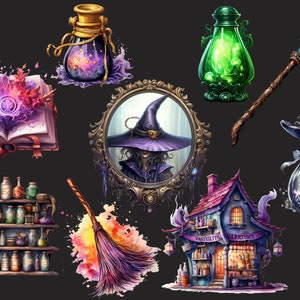 May include: A collection of witchy items including a book with a purple gem, a mirror with a witch inside, a broom, a potion bottle, a house with a sign that says "Visit Our Apothecary", and a staff with a green gem.