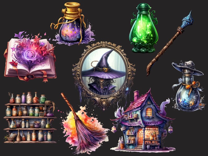 May include: A collection of witchy items including a book with a purple gem, a mirror with a witch inside, a broom, a potion bottle, a house with a sign that says "Visit Our Apothecary", and a staff with a green gem.