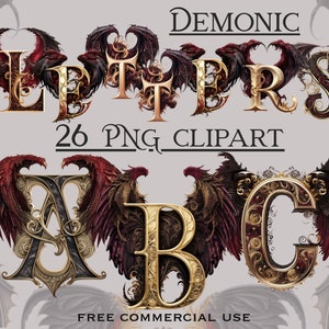 Dämonisches gothisches Alphabet Clipart, dunkle ästhetische Buchstaben png bundlle, Original Halloween druckbare Schriftbilder, kostenlose kommerzielle Nutzung