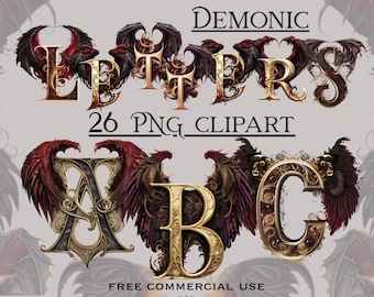 Demonic gothic alphabet clipart, Dark aesthetic letters png bundlle, Original Halloween printable font images pack, Free commercial use