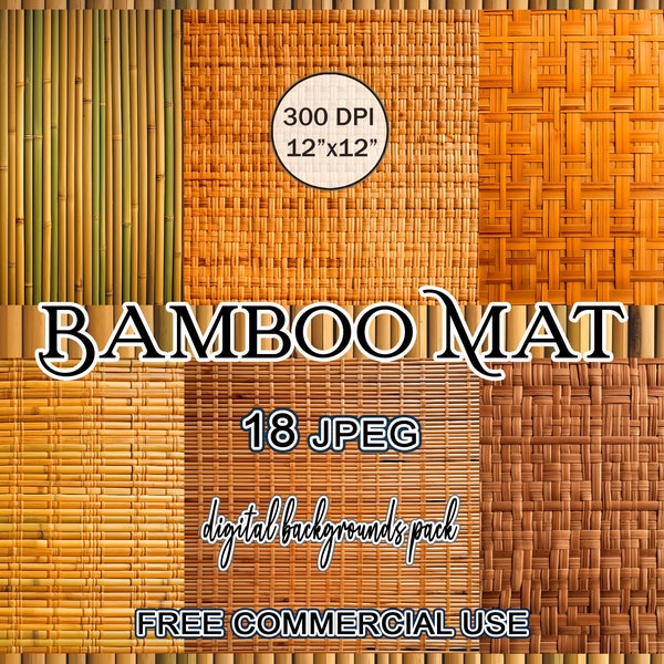 Bamboo Mat Digital Background Clipart Bundle, Bamboo backdrop digital download, Light wood digital paper pack, Wood backdrop scrapbook paper