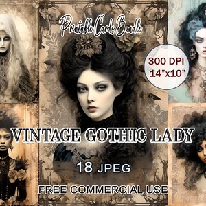 lot de cartes gothiques vintage, éphémères gothiques imprimables, art gothique vintage, journal indésirable pour fille, portrait numérique féminin, clipart gothique