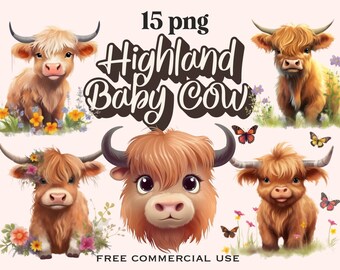 Highland baby cow clipart, Cute little animal png bundle for design, collage, prints, scrapbooking, junk journal etc., Free commercial use