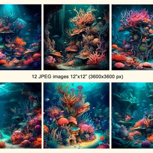 Puede incluir: Una escena submarina vibrante con arrecifes de coral en tonos de rosa, naranja y morado. Las formaciones de coral est&aacute;n rodeadas de peces coloridos y una superficie de agua azul y brillante.