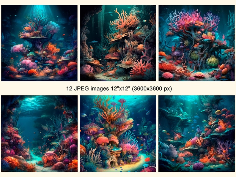 Puede incluir: Una escena submarina vibrante con arrecifes de coral en tonos de rosa, naranja y morado. Las formaciones de coral est&aacute;n rodeadas de peces coloridos y una superficie de agua azul y brillante.