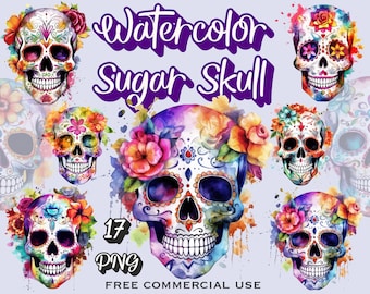 Clipart di teschi di zucchero, bundle di png di teschi di fiori ad acquerello, licenza commerciale inclusa, immagini del Giorno dei Morti per design, scrapbooking ecc.
