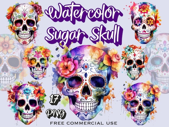 Sugar skull clipart, Watercolor flower skulls png bundle, Commercial license included, Day of the dead images for design, scrapbooking etc.