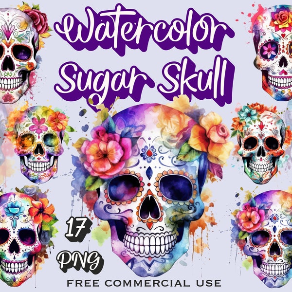 Sugar skull clipart, Watercolor flower skulls png bundle, Commercial license included, Day of the dead images for design, scrapbooking etc.