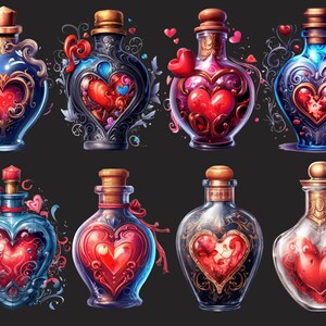May include: Eight ornate glass bottles with heart-shaped stoppers and red liquid inside. The bottles are decorated with gold accents and floral designs.