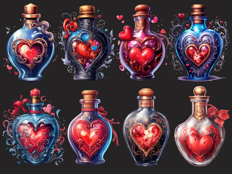 May include: Eight ornate glass bottles with heart-shaped stoppers and red liquid inside. The bottles are decorated with gold accents and floral designs.