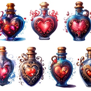 May include: Eight heart-shaped glass bottles with gold and silver accents, filled with a red liquid and containing smaller hearts. The bottles have a vintage, romantic aesthetic.