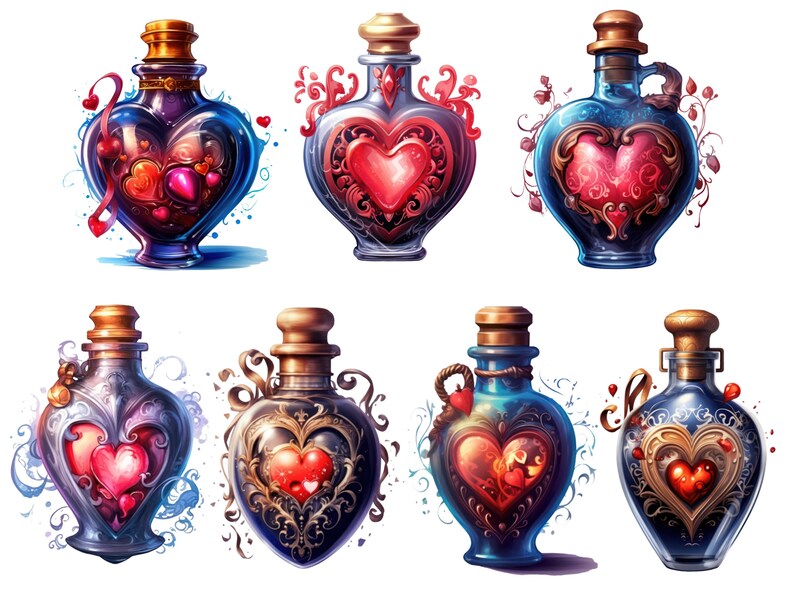 May include: Eight heart-shaped glass bottles with gold and silver accents, filled with a red liquid and containing smaller hearts. The bottles have a vintage, romantic aesthetic.