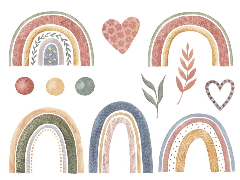 Boho Rainbow PNG Bundle, Watercolor Clipart, Neutral Abstract Art, Hand ...