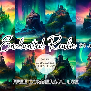 Enchanted realm clipart, Northern lights rainbow sky magic kingdom, Fantasy landscape images, Fairy medieval land, Free commercial use