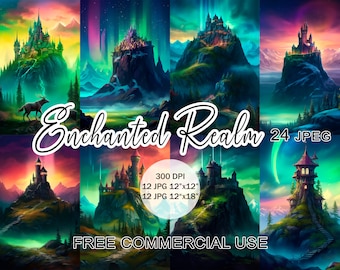 Enchanted realm clipart, Northern lights rainbow sky magic kingdom, Fantasy landscape images, Fairy medieval land, Free commercial use