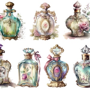 May include: Eight ornate glass perfume bottles with gold accents and floral designs. The bottles are filled with a variety of colored liquids.