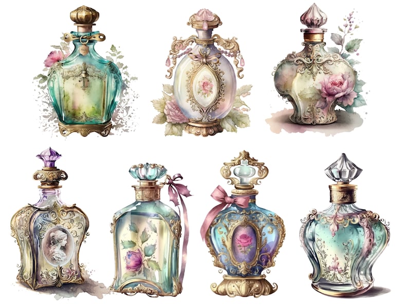May include: Eight ornate glass perfume bottles with gold accents and floral designs. The bottles are filled with a variety of colored liquids.