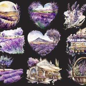 Puede incluir: Ilustraciones de acuarela de campos de lavanda, un peque&ntilde;o pueblo y un puesto de mercado. Las ilustraciones son de estilo rom&aacute;ntico con colores suaves y un toque vintage.