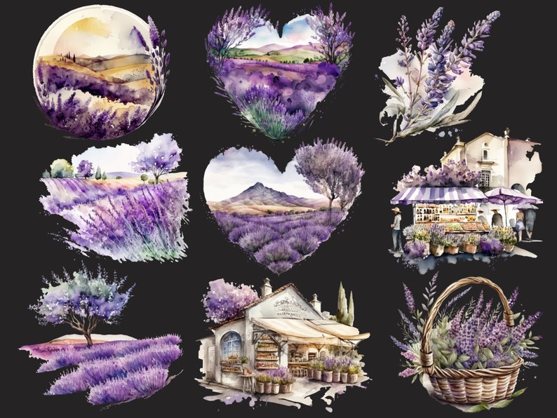 Puede incluir: Ilustraciones de acuarela de campos de lavanda, un peque&ntilde;o pueblo y un puesto de mercado. Las ilustraciones son de estilo rom&aacute;ntico con colores suaves y un toque vintage.