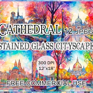 Clipart de ville en vitrail, ensemble de peinture de paysage urbain d&#39;église gothique et de cathédrale, murale d&#39;art de ville d&#39;architecture gothique, art d&#39;église gothique moderne