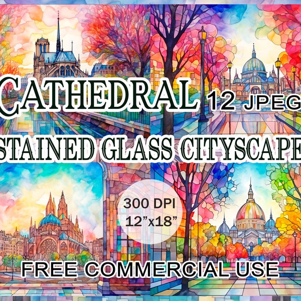 Stained glass city clipart, Gothic church and cathedral cityscape painting set, Gothic architecture city art mural, Modern gothic church art